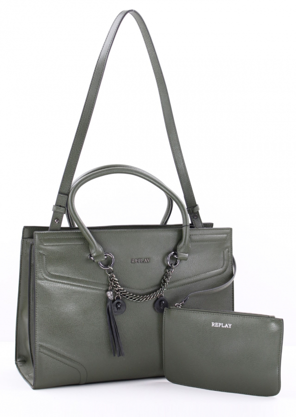 REPLAY Shopper FW3695 Kunstleder Dunkelgrün mit Pouch und abnehmbarem Schultergurt_5