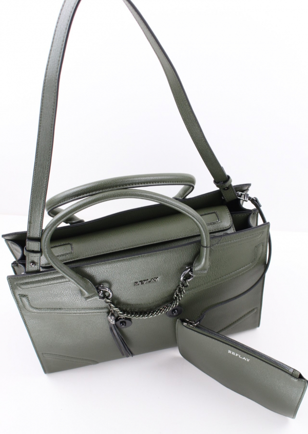 REPLAY Shopper FW3695 Kunstleder Dunkelgrün mit Pouch und abnehmbarem Schultergurt_9